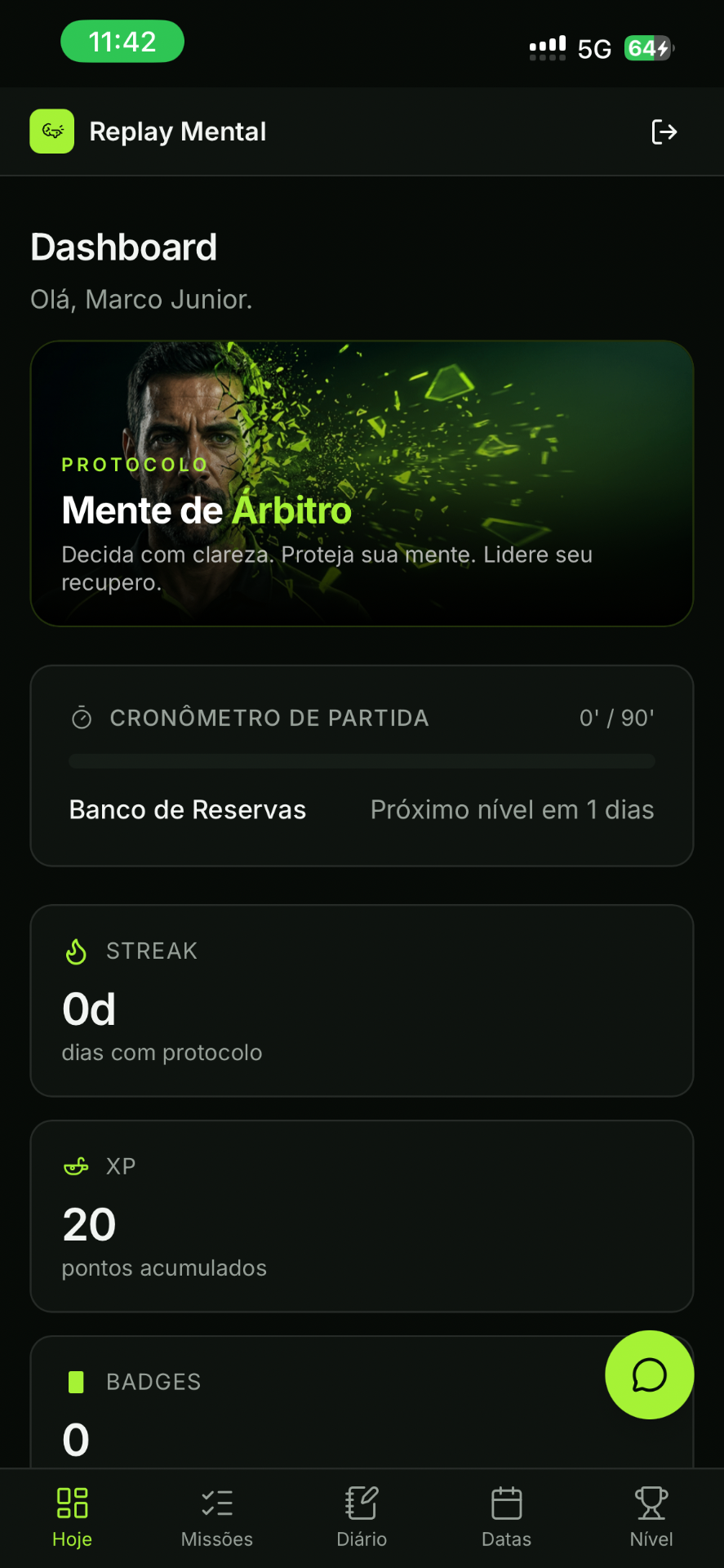 App Replay Mental — dashboard com streak, XP e badges